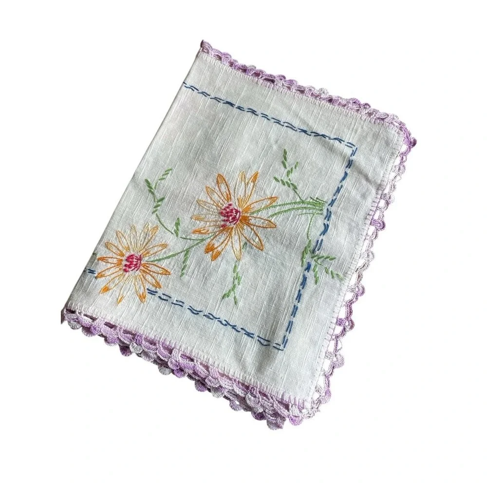 Linen Table Runner Dresser Scarf Embroidery Floral Crochet Purple Edge 36